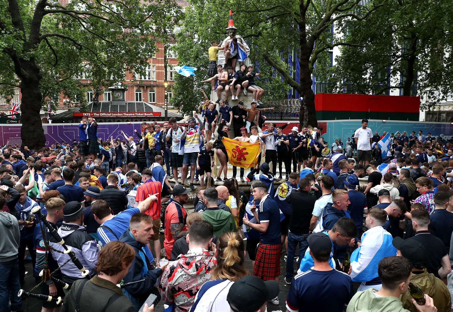 Football fans gathered in large numbers in Leicester Square before the UEFA Euro 2020 match between England and Scotland on Friday (Kieran Cleeves/PA)