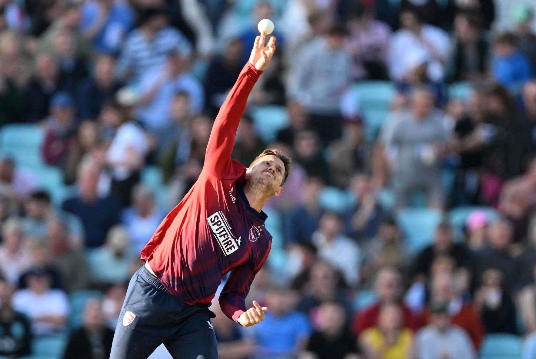 Joe Denly bowling in Kent Spitfires’ defeat at Surrey on Friday night. Picture: Keith Gillard