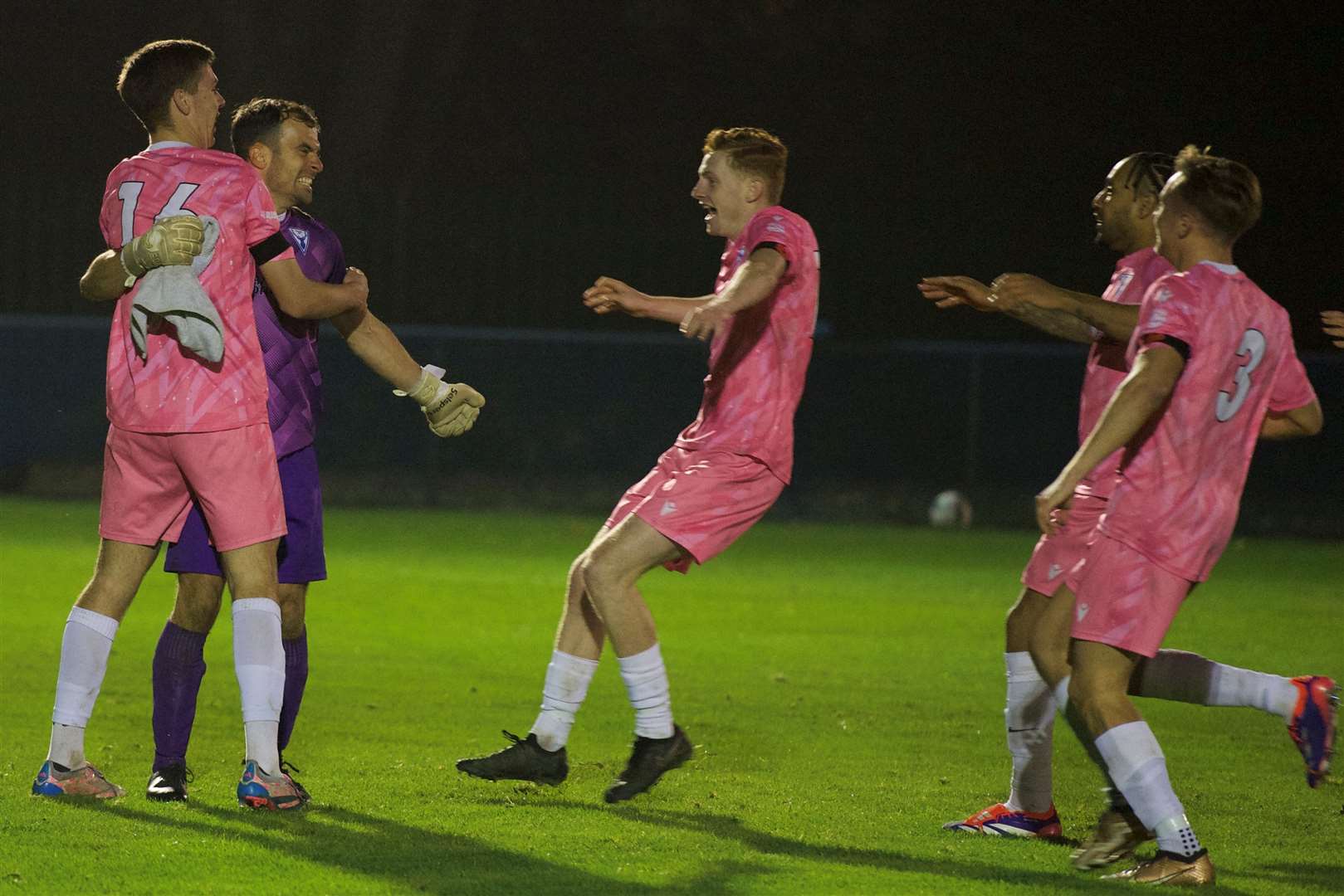 Erith & Belvedere celebrate winning their FA Vase penalty shoot-out at Bearsted. Picture: Ian Scammell