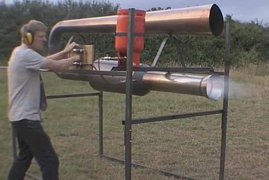 The fart machine is fired up during a test run by Colin Furze