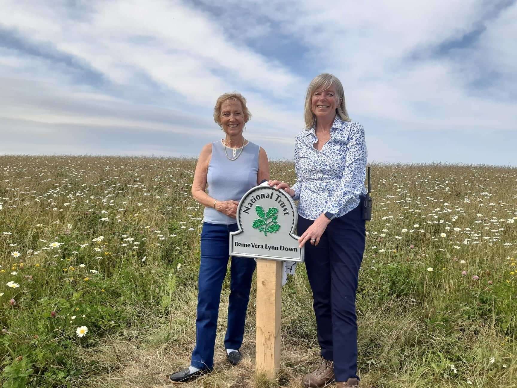 Dame Vera Lynn's daughter Virginia Lewis-Jones with National Trust general manager for the White Cliffs of Dover site Virginia Portman at the naming ceremony of Dame Vera Lynn Down