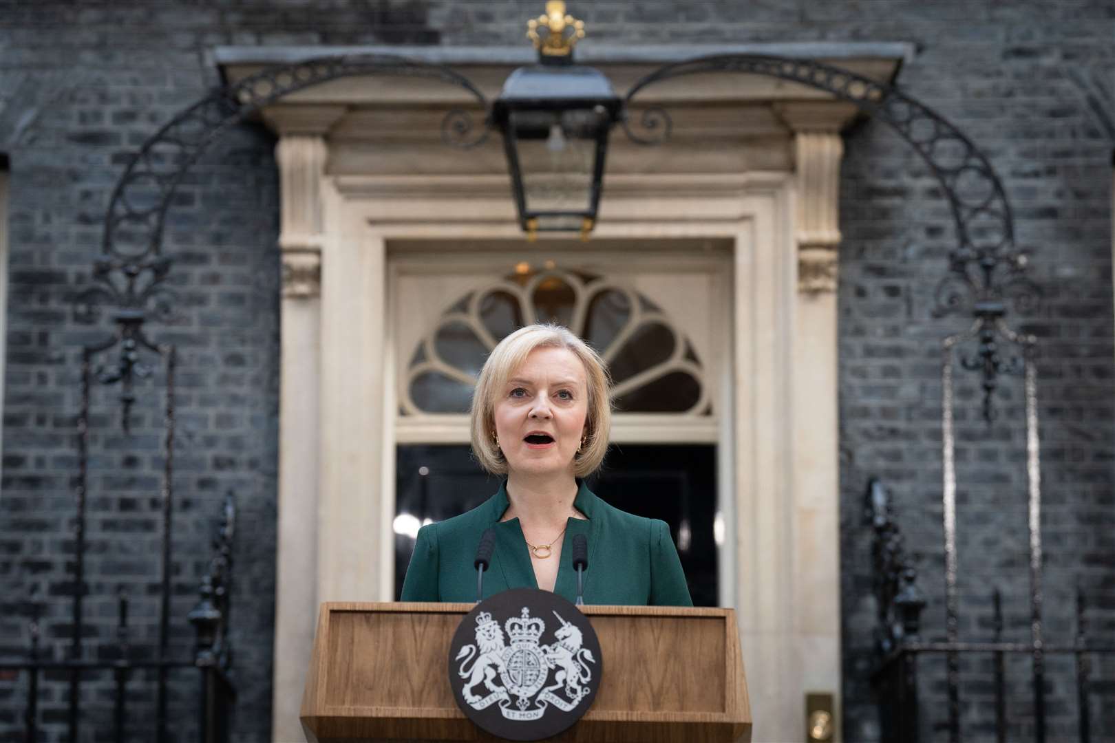 Liz Truss making her farewell speech outside 10 Downing Street (Stefan Rousseau/PA)