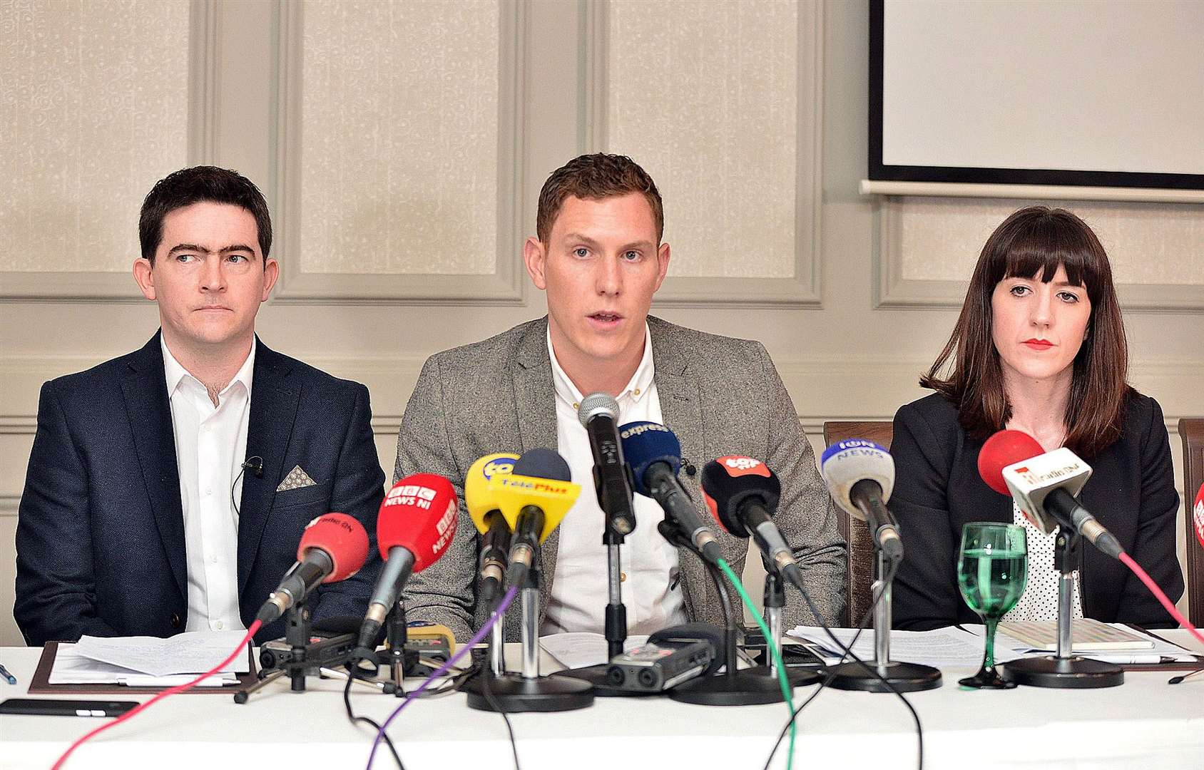 John McAreavey (centre), his sister Claire (right), and Michaela’s brother Mark Harte (left) returned to the island in 2017 to call for action in the investigation (Charles Chan/PA)