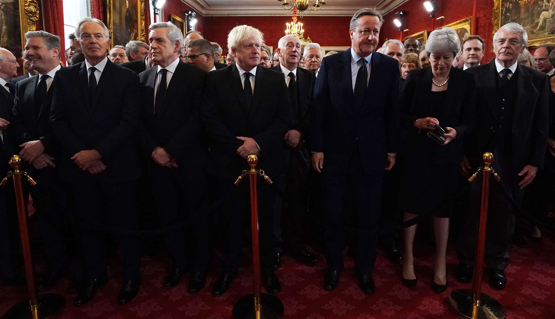 Former prime ministers Tony Blair, Gordon Brown, Boris Johnson, David Cameron, Theresa May and John Major ahead of the Accession Council ceremony at St James’s Palace (Kirsty O’Connor/PA)