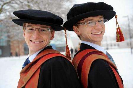 Mark (right) and Leigh Whitehead, twins from Leybourne and former Oakwood Grammar students who have got both graduated with PhDs in particle physics.