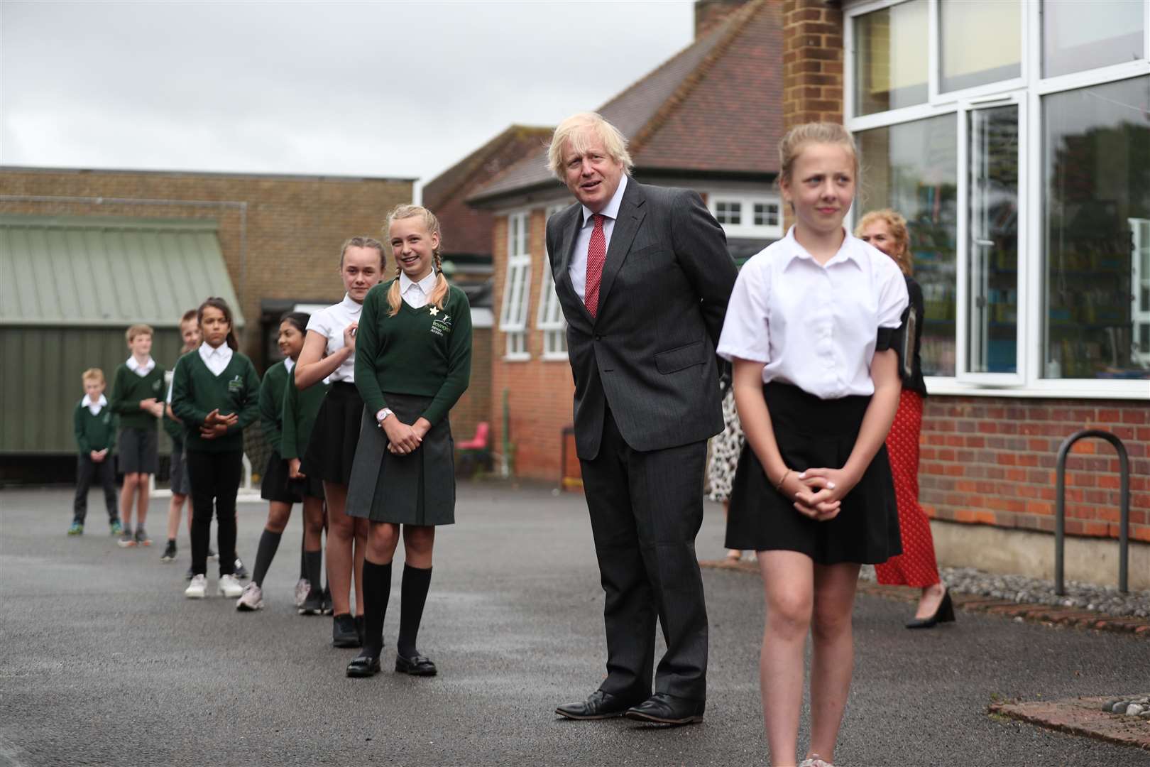 Prime Minister Boris Johnson joins a socially distanced lesson during a visit to Bovingdon Primary School in Hemel Hempstead, Hertfordshire (Steve Parsons/PA)