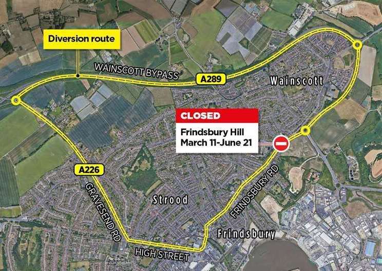 The diversion route in place along the A226 following the upcoming closure of Frindsbury Hill