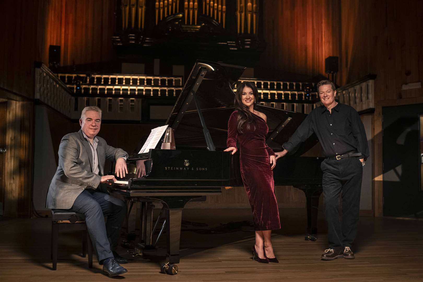 Pianist Lee Michael Walton (left), soprano Monica McGhee and tenor Toby Spence (right) (Daniel Lewis/PA)