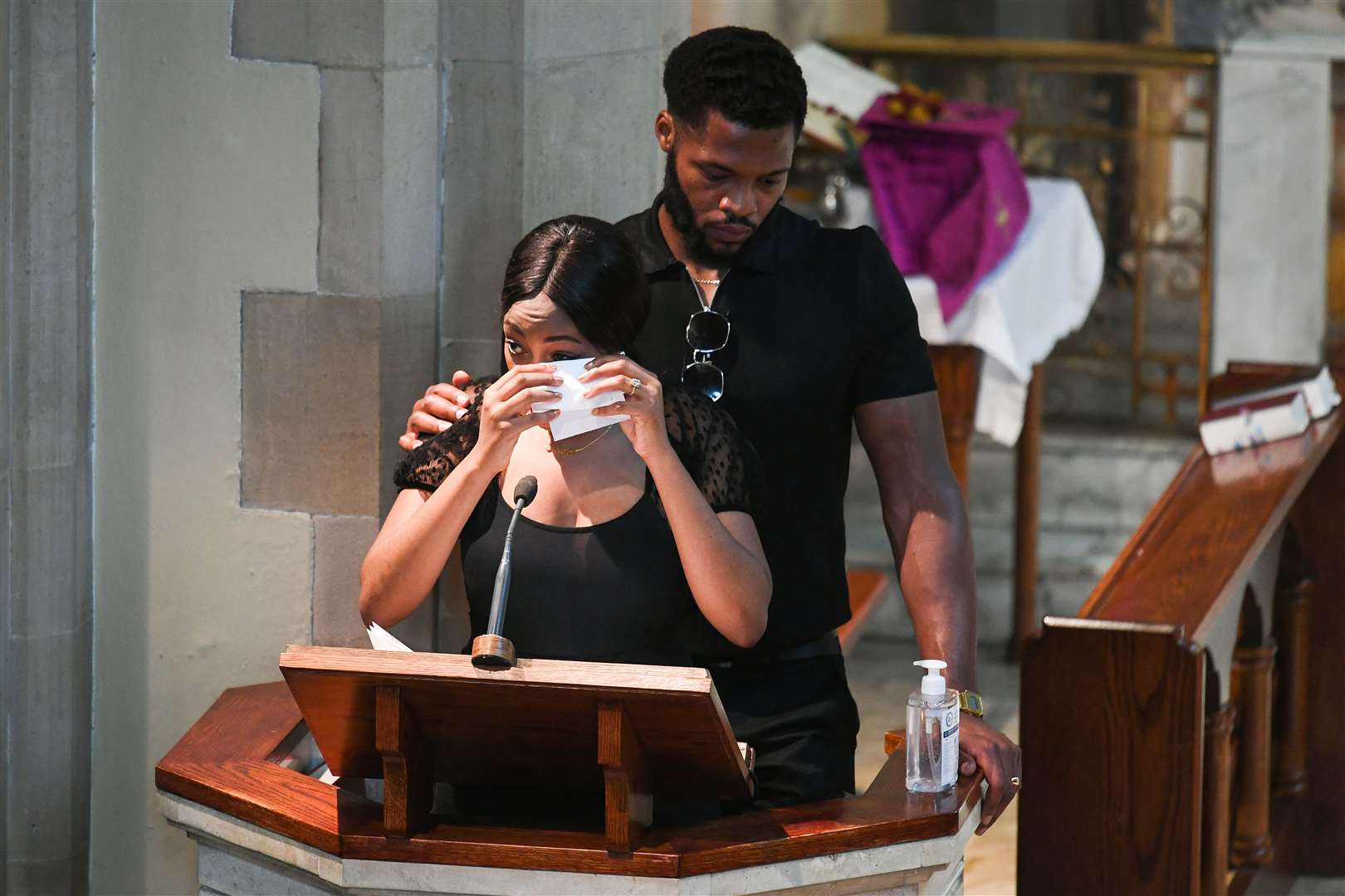 Khafi Kareem and Henry Kareem, the sister and brother of Alexander, speak during his funeral (Kirsty O’Connor/PA)