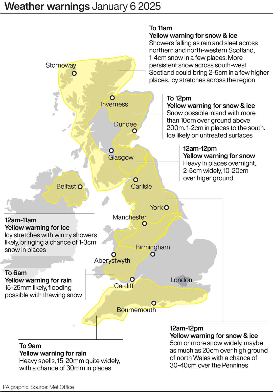 The remaining yellow weather warnings will all end by midday on Monday (PA Graphics)