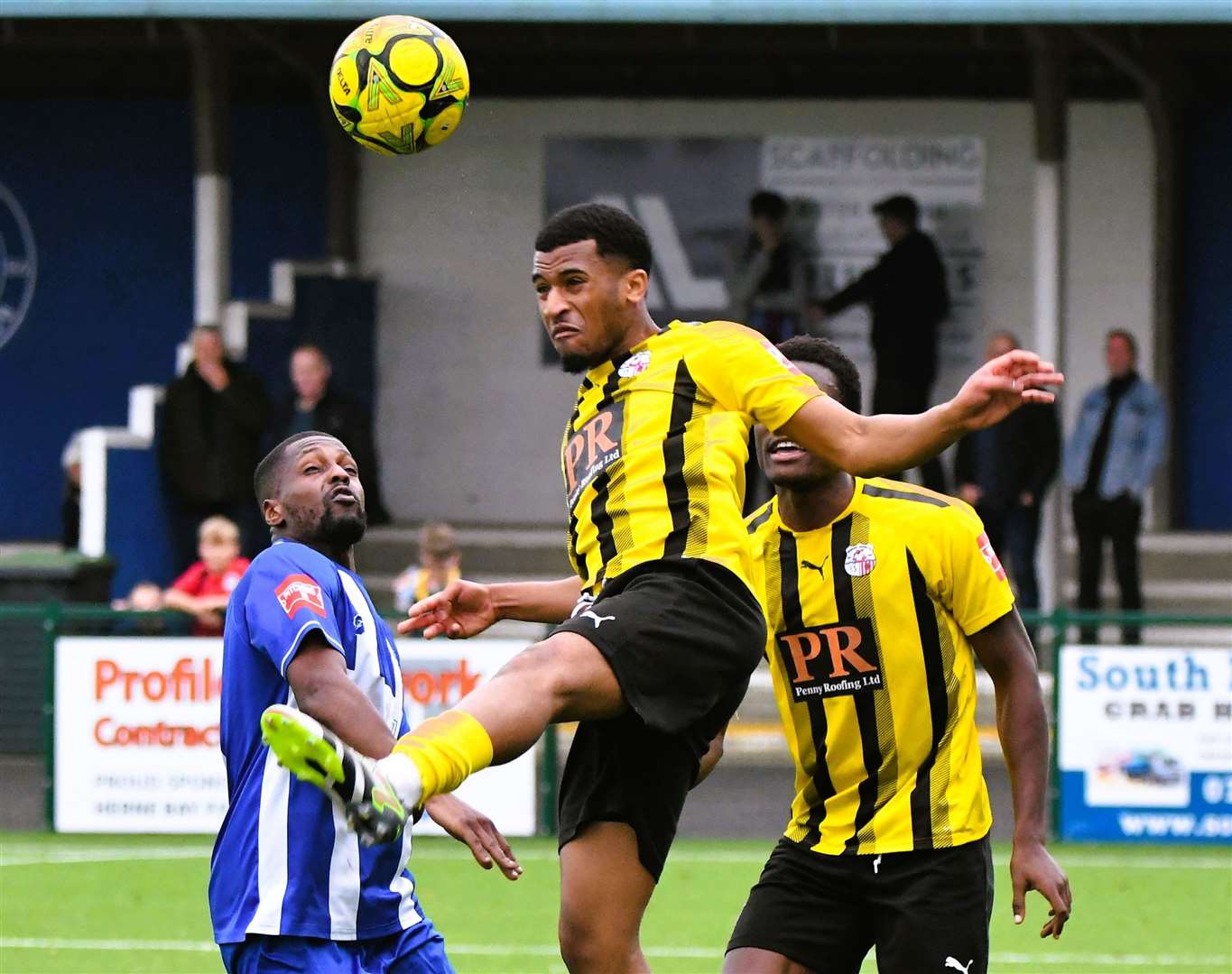 Mamadou Diallo, of Sheppey, beats Herne Bay striker Mike Salako to the ball in the air. Picture: Marc Richards