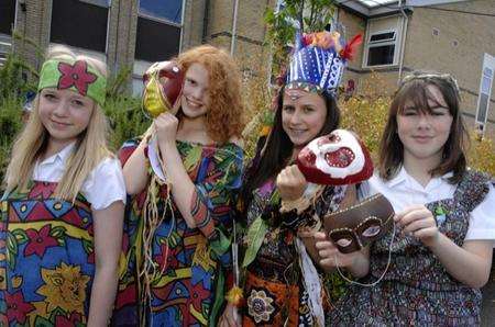 Lucy Bexton (13) Laura Holland (14) Arica Smith (14) and Francesca Bagley (12) with costumes from Ethiopia and Somalia at the Highsted Goes Global event at Highsted School, Sittingbourne