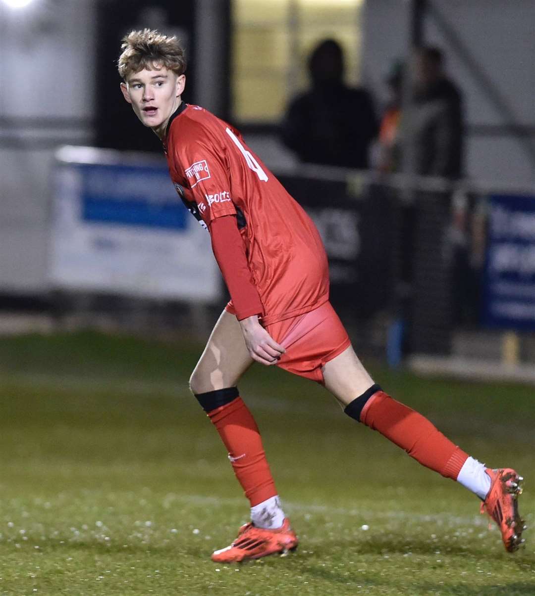 Preston Kedwell, 16, celebrates after giving Ashford the lead at Deal. Picture: Ian Scammell