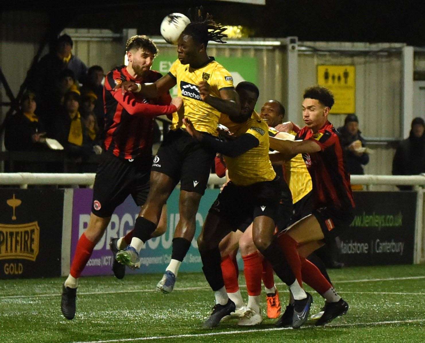 Razzaq Coleman De-Graft wins a header in the Truro box. Picture: Steve Terrell