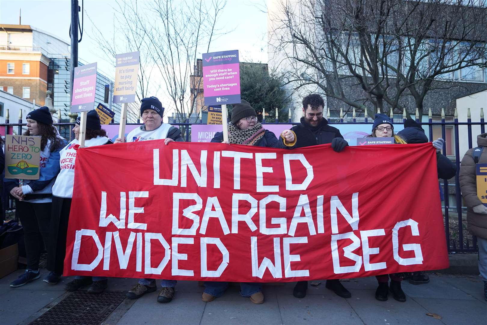 Members of the Royal College of Nursing on the picket line outside King’s College Hospital, London (James Manning/PA)