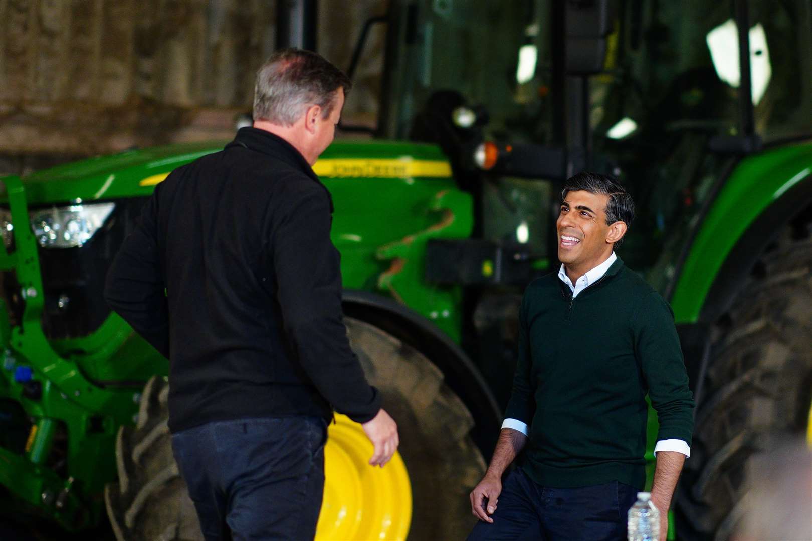 Foreign Secretary Lord David Cameron and Prime Minister Rishi Sunak on a farm visit during the campaign trail (Ben Birchall/PA)