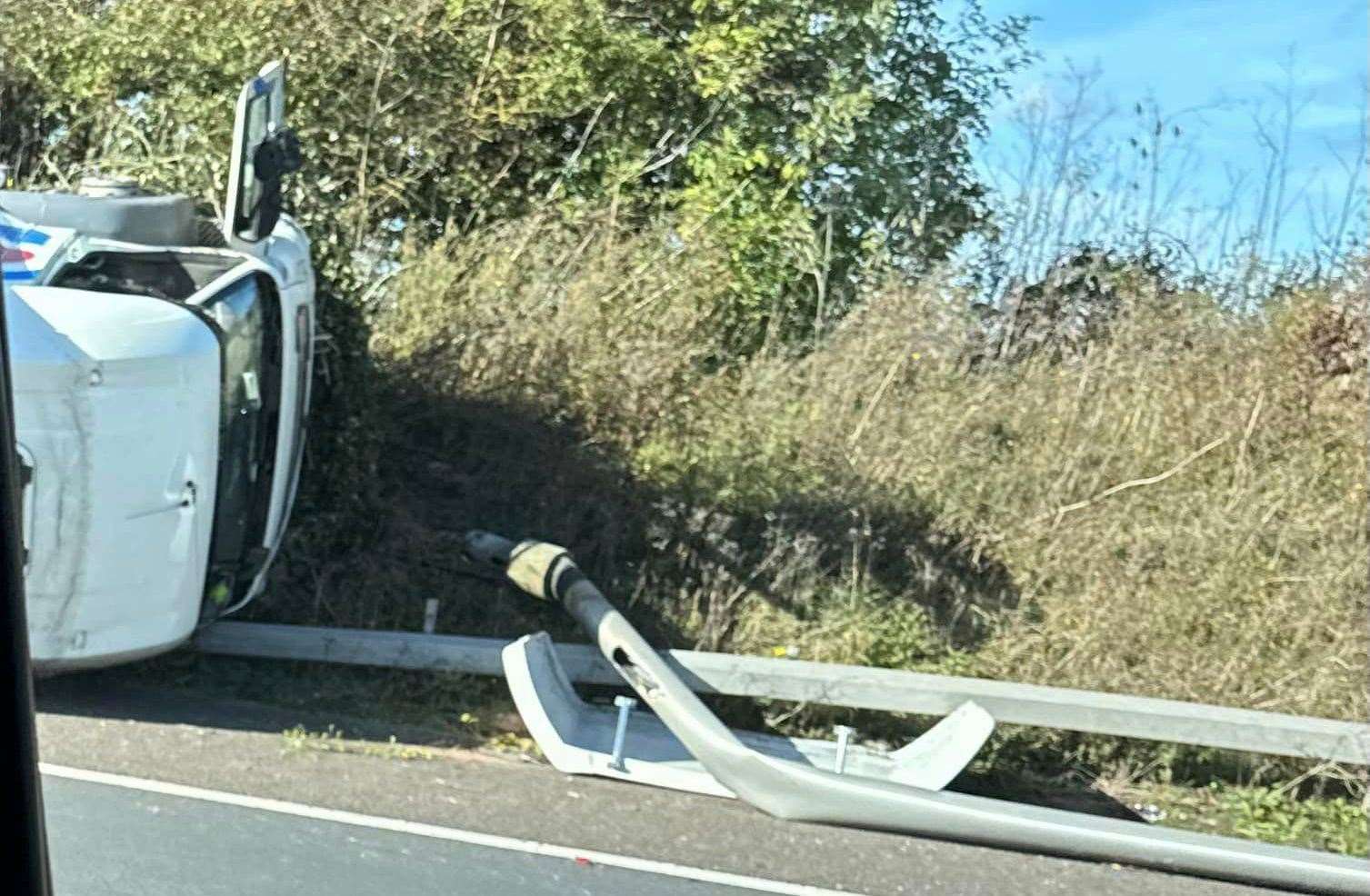 A driver was taken to hospital after a lorry overturned on the M2. Picture: Tony Miller