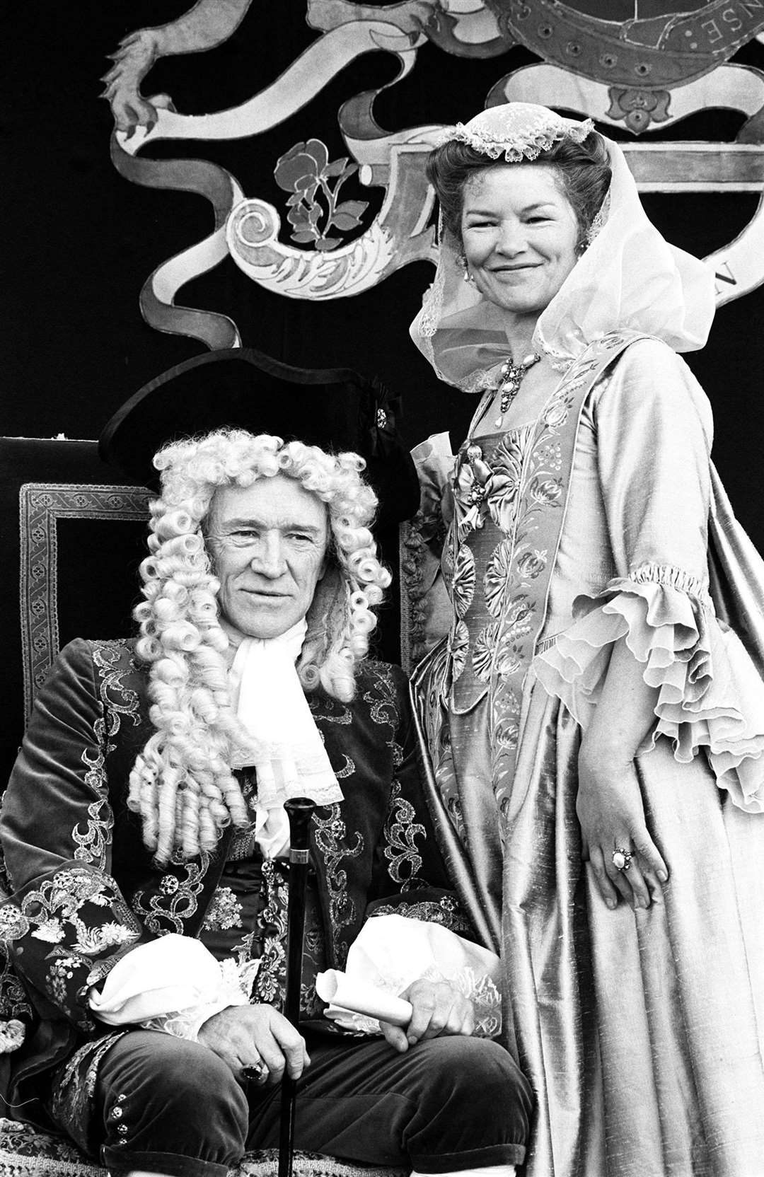 Richard Harris, 58, as King George II with Glenda Jackson, 52, as Queen Caroline during filming at Bath, Avon, for film King Of The Wind (Barry Batchelor/PA)