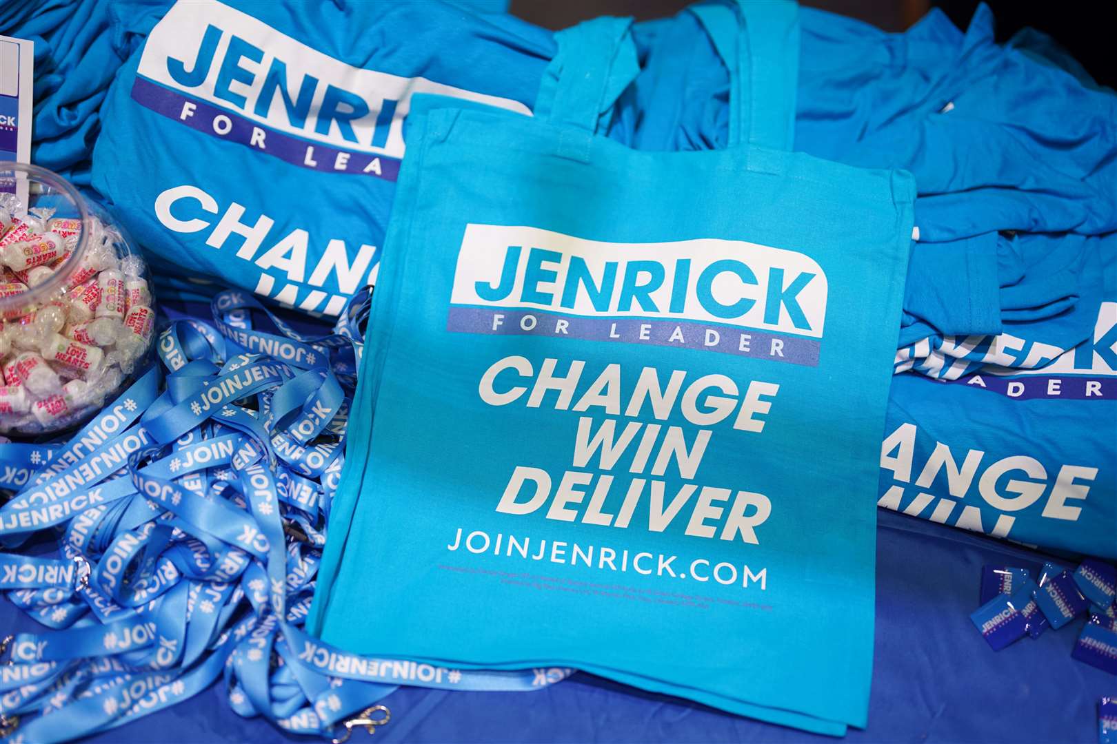 Robert Jenrick merchandise on display at the International Convention Centre in Birmingham (Jacob King/PA)