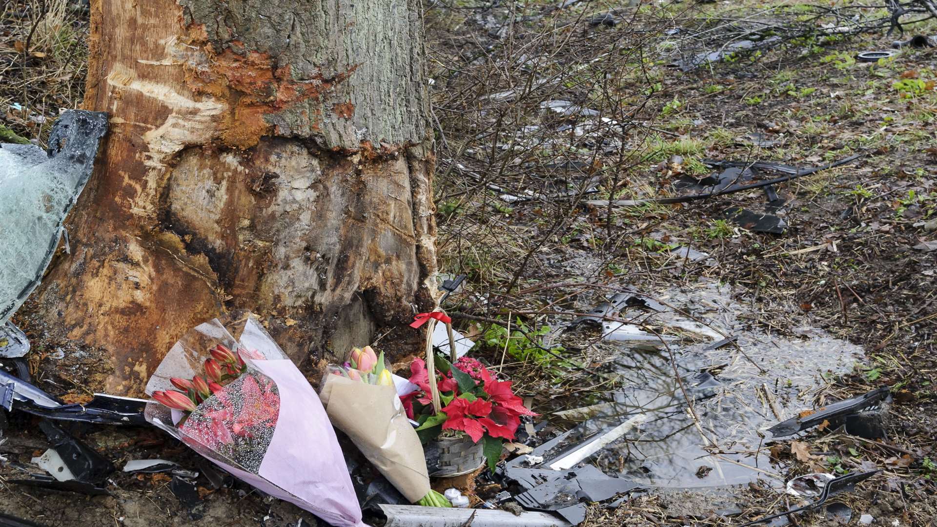 Floral tributes left at the scene of the fatal crash