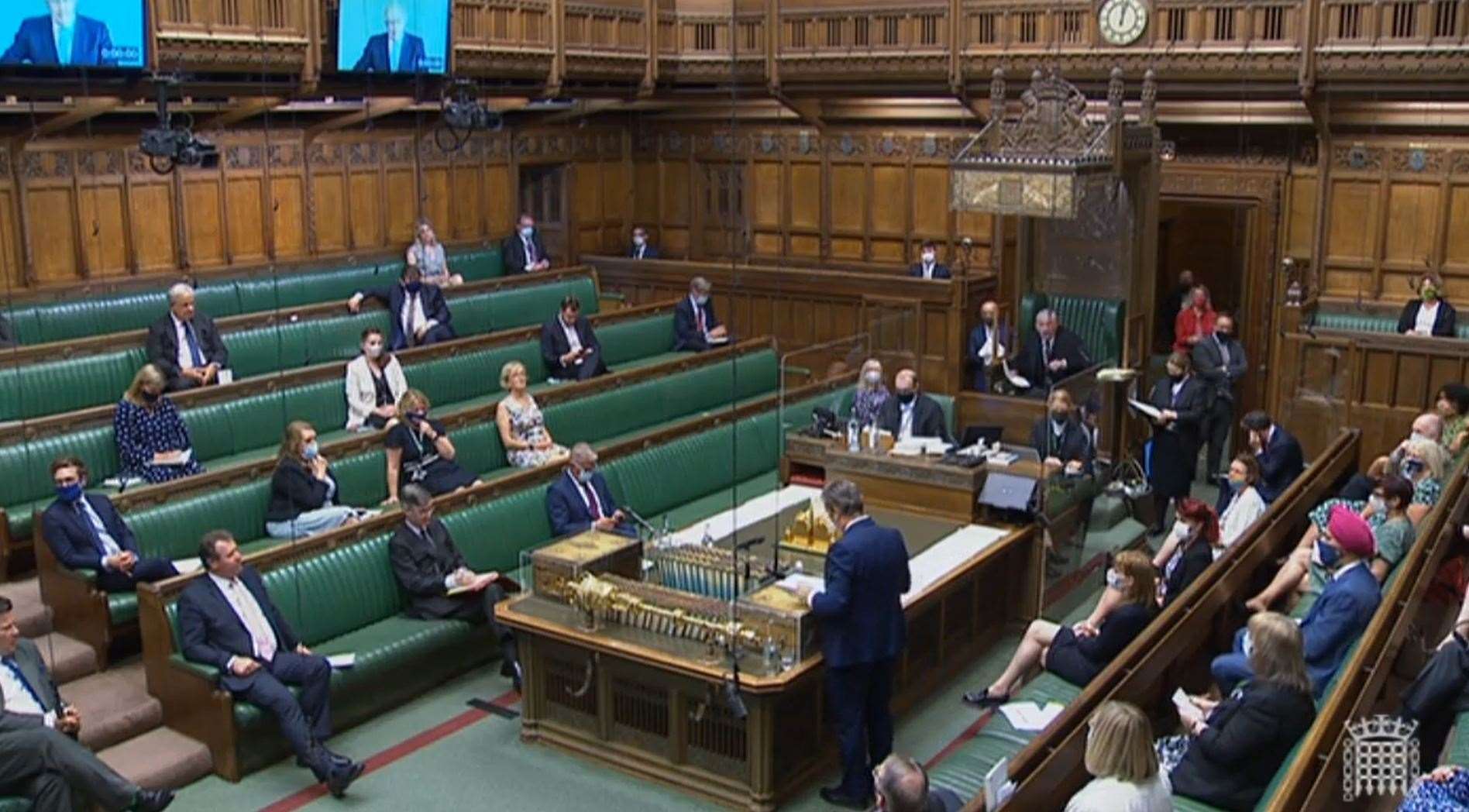 Labour leader Keir Starmer speaks during Prime Minister’s Questions as Boris Johnson appears via video-link from isolation at Chequers (House of Commons/PA)