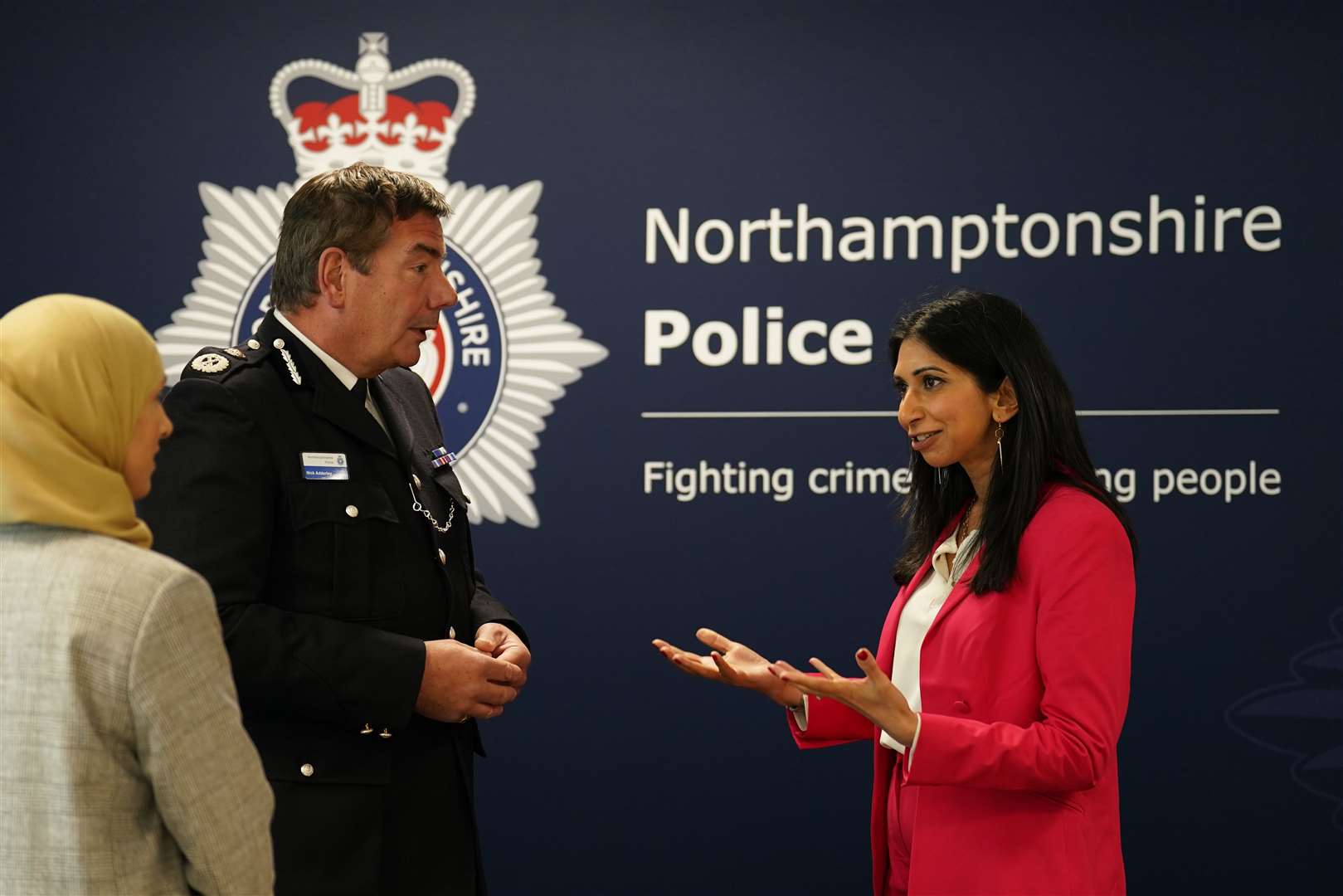 Nick Adderley talking to Home Secretary Suella Braverman in April this year (Joe Giddens/PA)