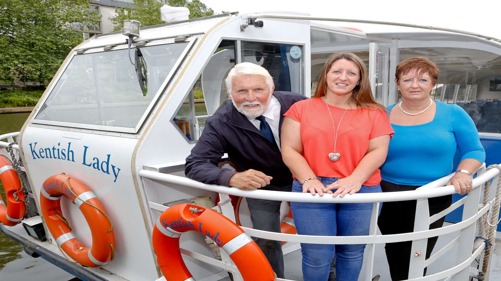 Tony, Sara and Shirley Cheeseman by The Kentish Lady on the River Medway at Maidstone