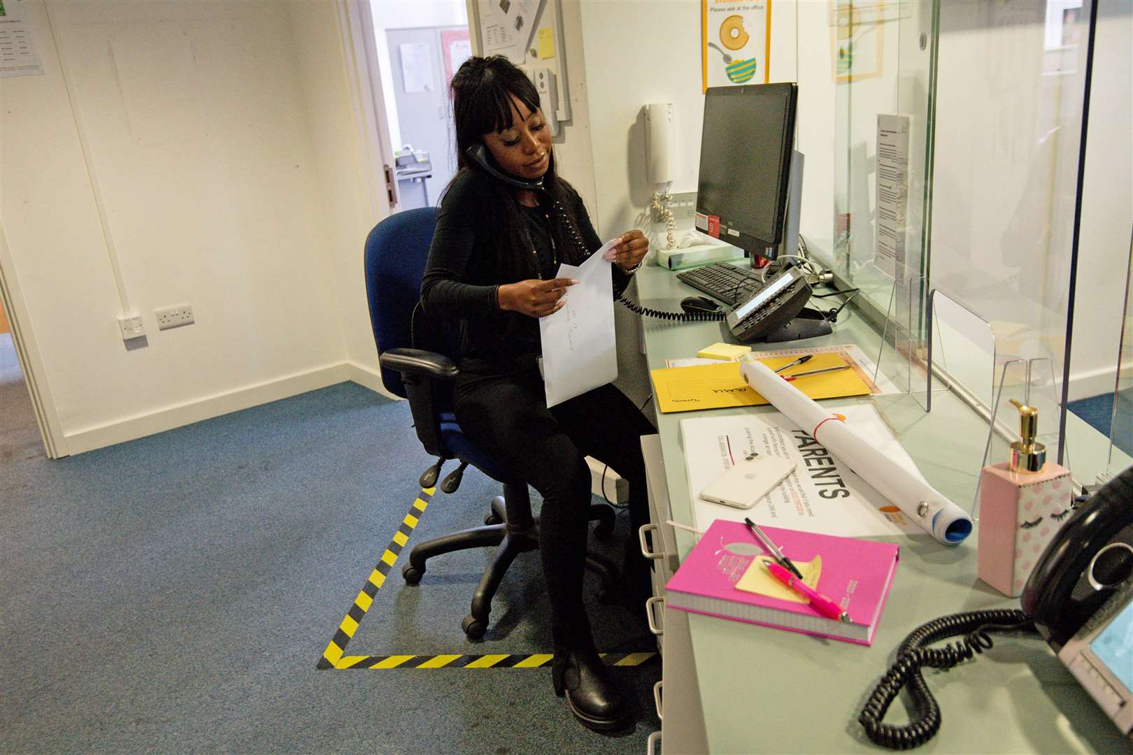 Social distancing markings in the reception at the Jewellery Quarter Academy in Birmingham (Jacob King/PA)