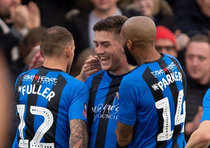 Darren Oldaker celebrates the winner against Slough on Sunday Picture: Ady Kerry