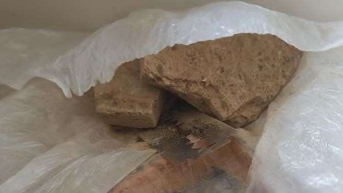 Officers found uncut blocks of crack cocaine and heroin (pictured), with a street value of about £6,000