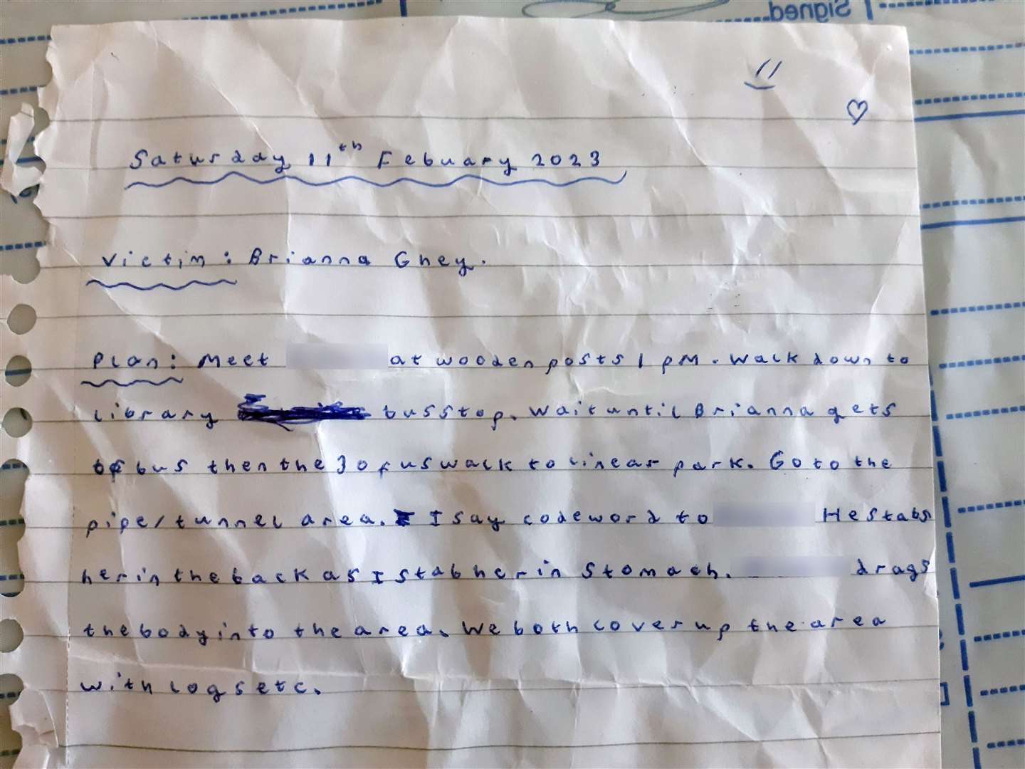 A crumpled, hand-written note of an alleged ‘murder plan’ to kill Brianna Ghey, 16, which was found on Scarlett Jenkinson’s bedroom floor (Cheshire Police/PA)