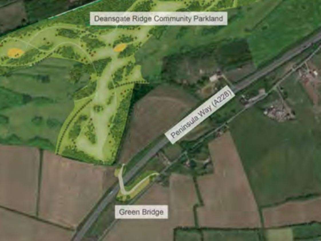 An aerial impression of the green bridge’s over the A228 in Hoo, also showing the area which could become the Deangate Community Parkland in bright green. Picture: Medway Council