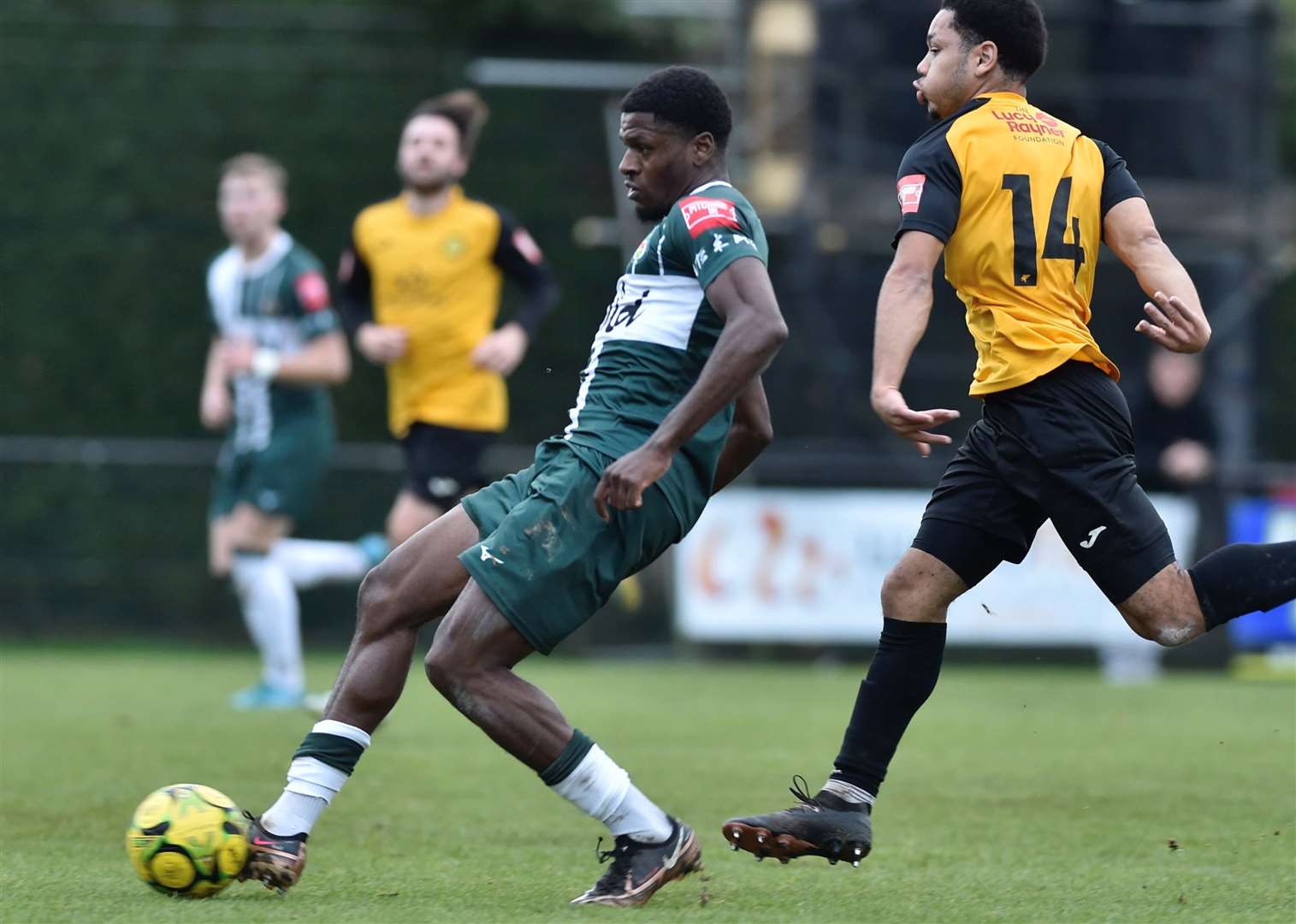 William Duprey on the ball for Ashford before his first-half red card at Merstham. Picture: Ian Scammell