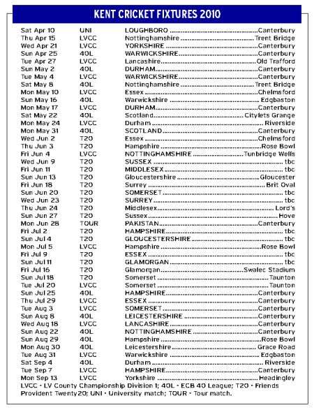 Kent fixtures 2010