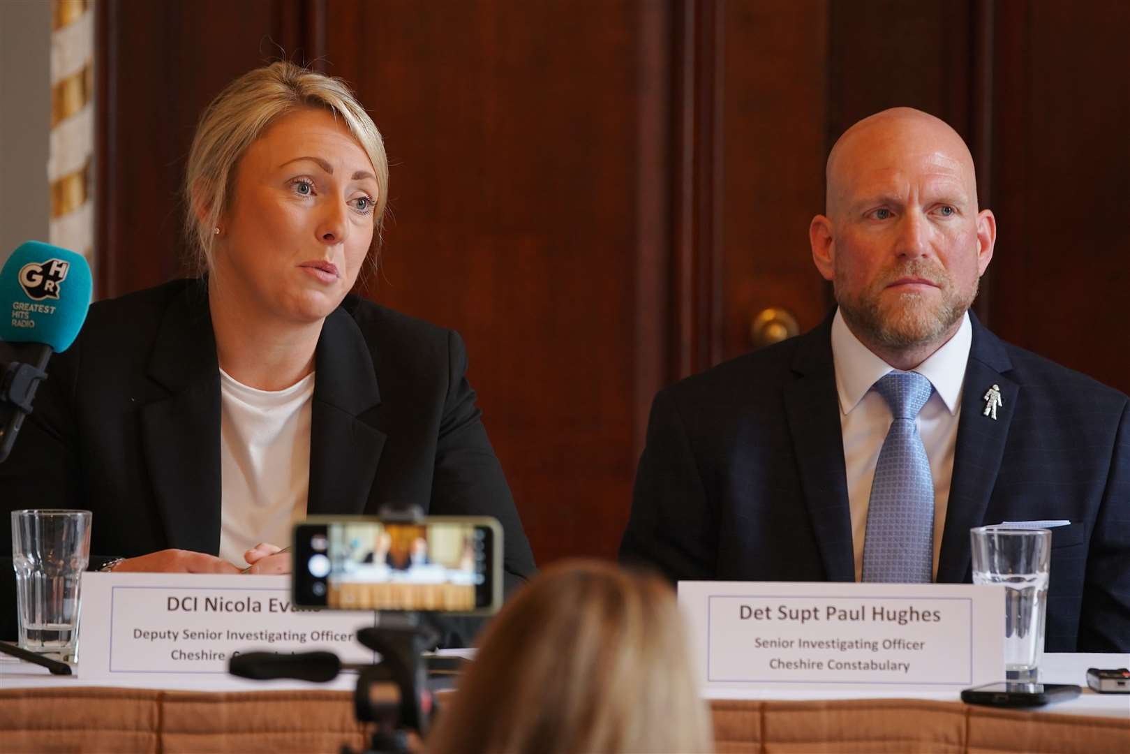 Detective Chief Inspector Nicola Evans and Detective Superintendent Paul Hughes speak to the media during a press conference at Manchester Hall ahead of the verdict in the case of nurse Lucy Letby (Peter Byrne/PA)