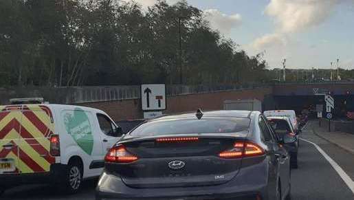 Traffic trying to get through the Strood-bound Medway Tunnel following the accident which saw motorcyclist Stephen Piper seriously hurt