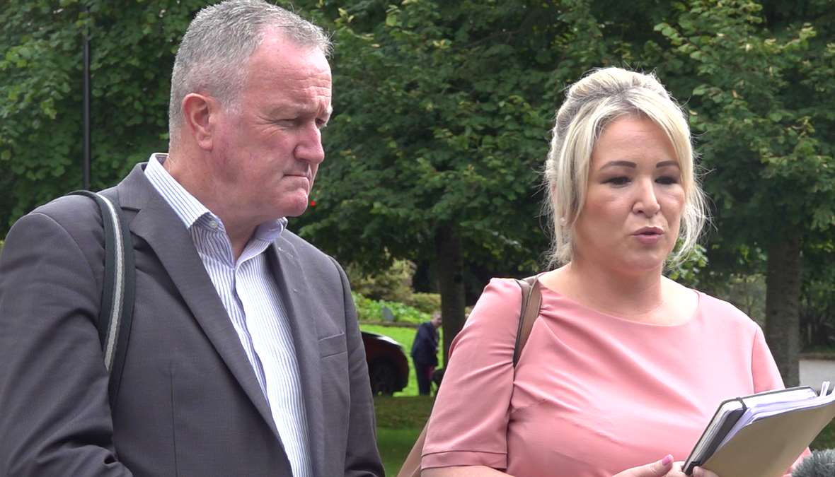 Michelle O’Neill, with party colleague Conor Murphy, said the DUP and UK Government were involved in a game of chicken (Jonathan McCambridge/PA)