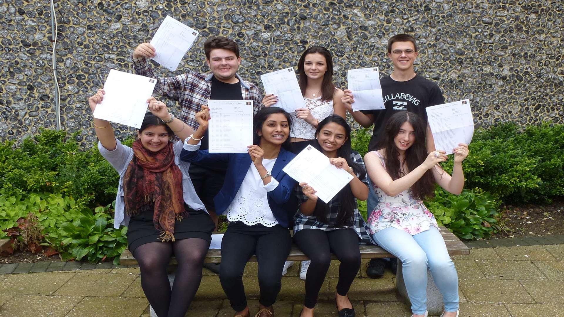 Dane Court Grammar School pupils with their results: (back row) Evan Usher, Elly Harvey and Sam Nicholson. (Front row) Banisha Atkar, Gowri Satish, Niharigah Arulampalam and Adele Atkins