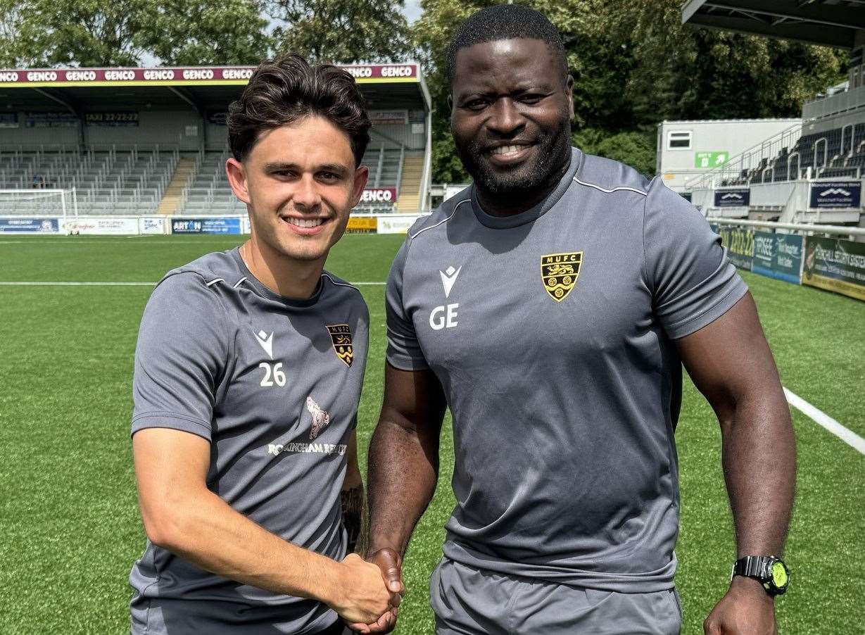 Loan signing Jon Benton with Maidstone manager George Elokobi. Picture: MUFC