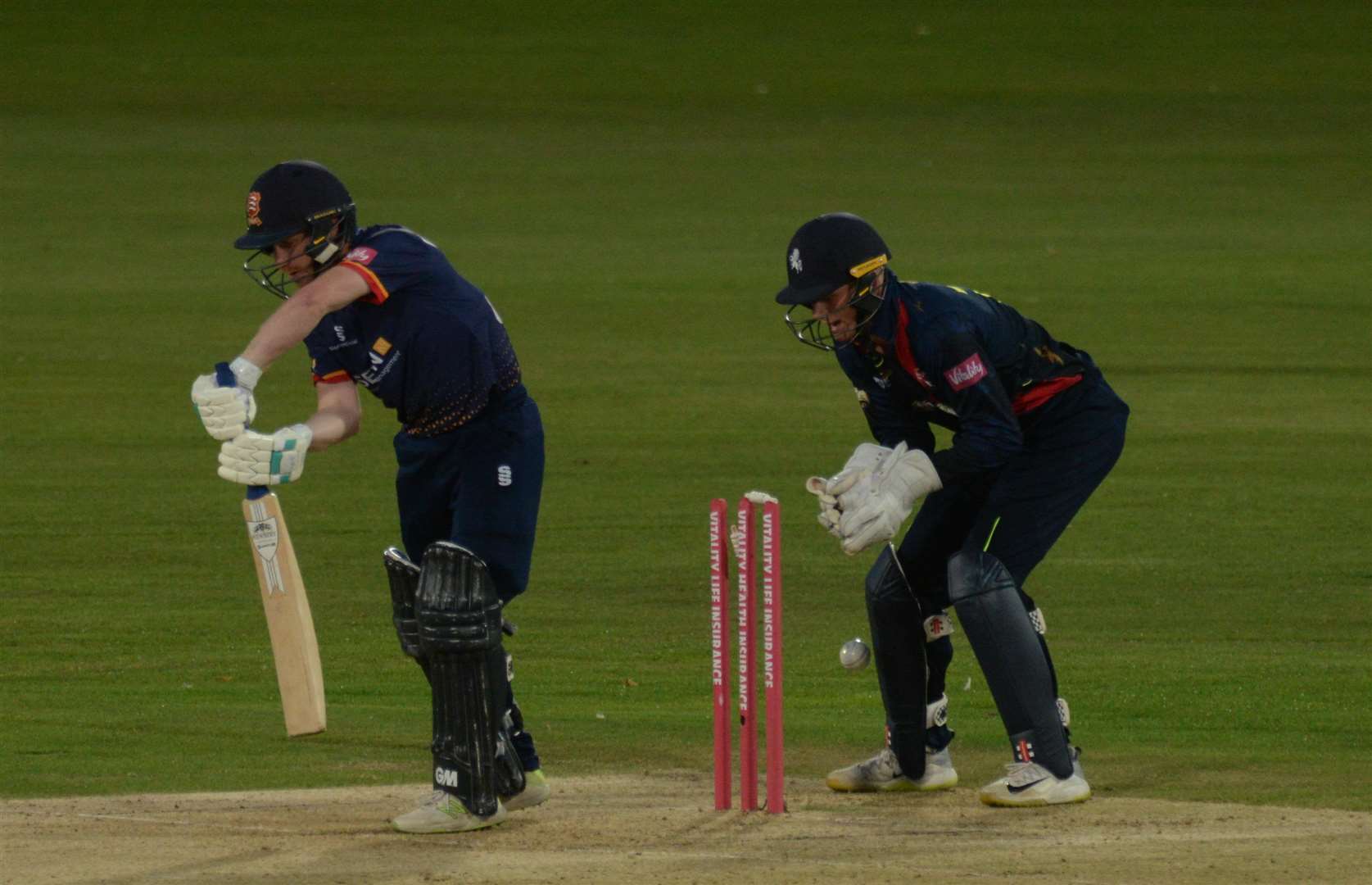 Kent Captain Sam Billings gets a close view of the dismissal of Essex Eagles opener Adam Wheater. Picture: Chris Davey.