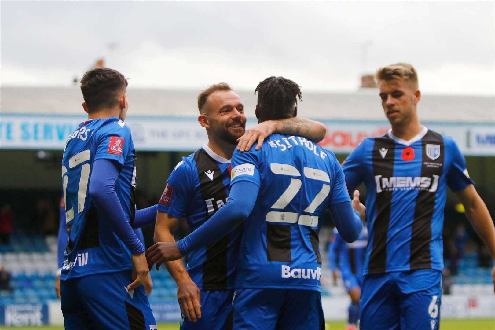 Gillingham players celebrate Gerald Sithole's equaliser against Cheltenham Picture: Andy Jones