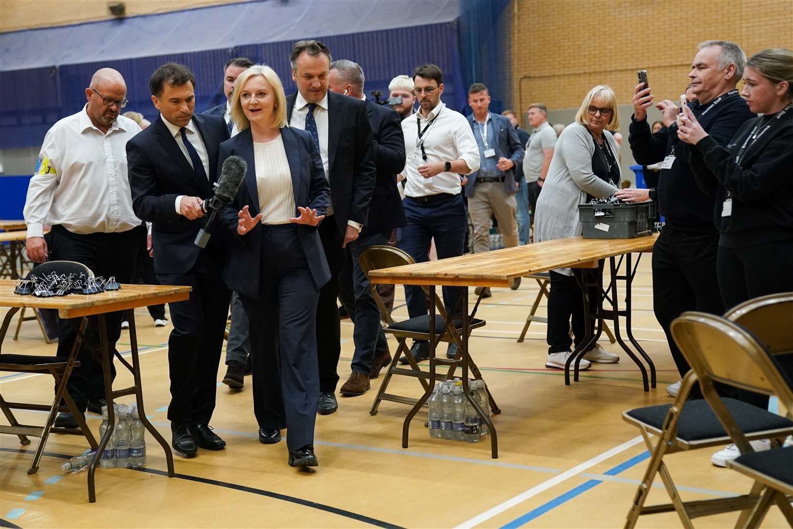 Former prime minister Liz Truss departs after losing her Norfolk South West seat to the Labour Party (Jacob King/PA)