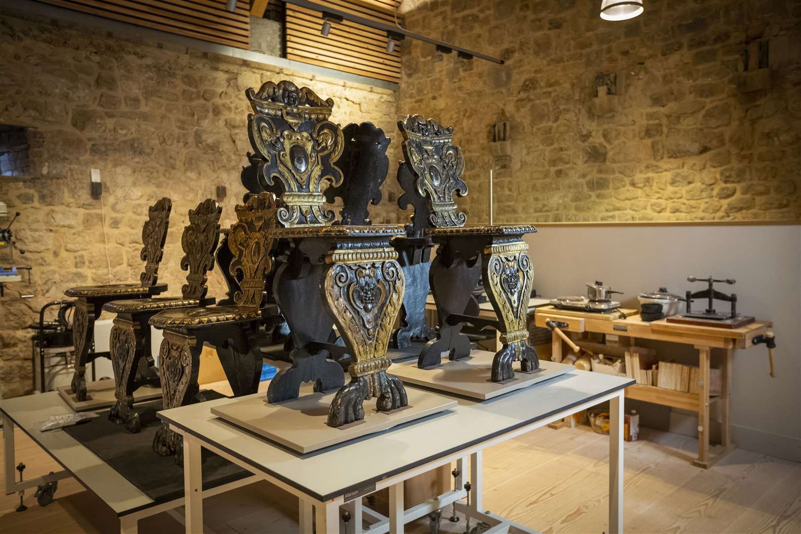 Petworth sgabello chairs at the conservation studio (National Trust/James Dobson/PA)