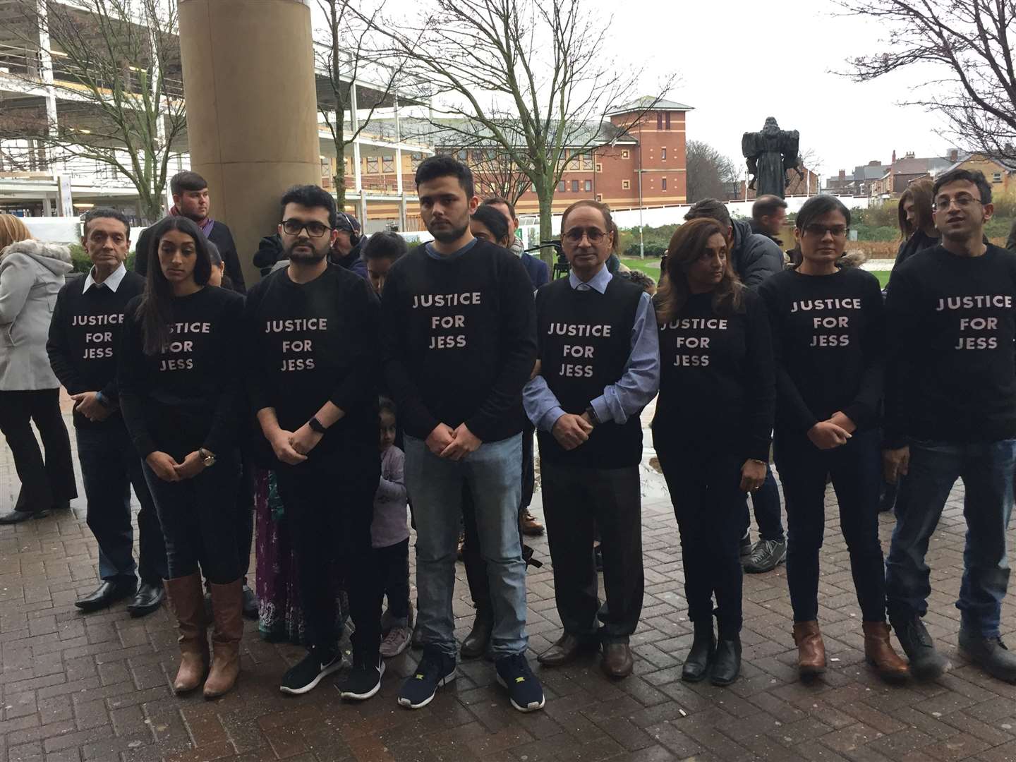 Relatives of murder victim Jessica Patel wearing Justice for Jess jumpers outside Teesside Crown Court where her husband Mitesh was jailed for life (Tom Wilkinson/PA)