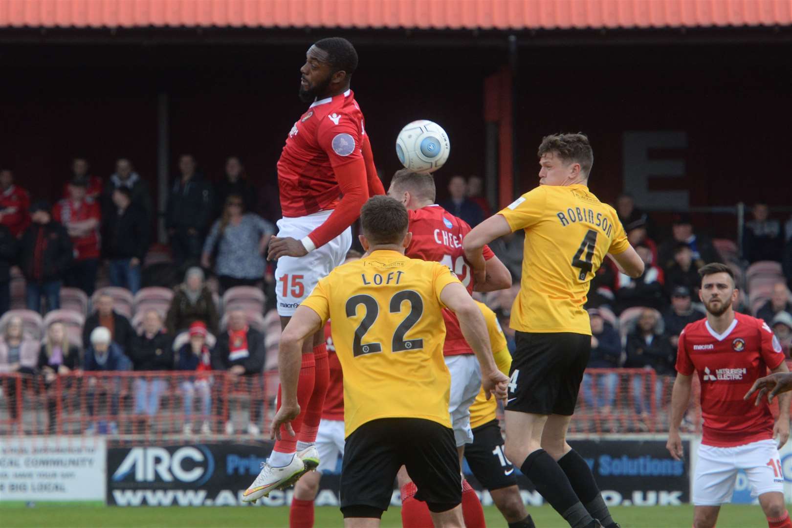 Ebbsfleet striker Gozie Ugwu gets up for a header Picture: Chris Davey