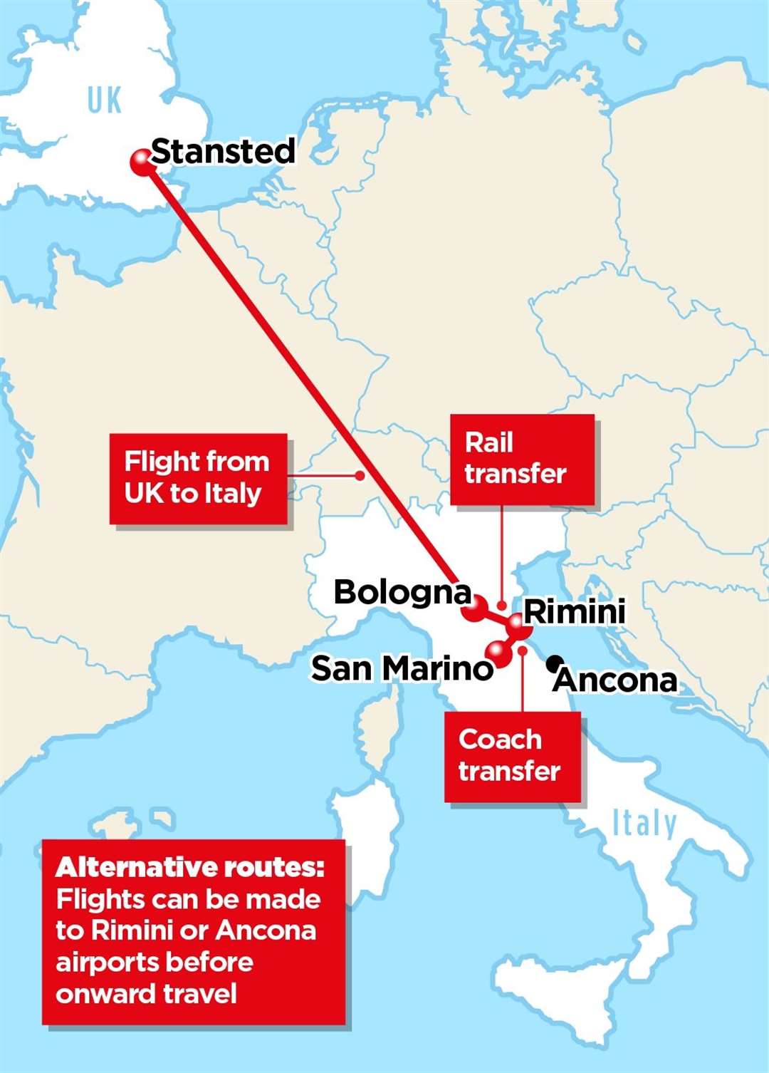 A map showing how to travel to San Marino from London