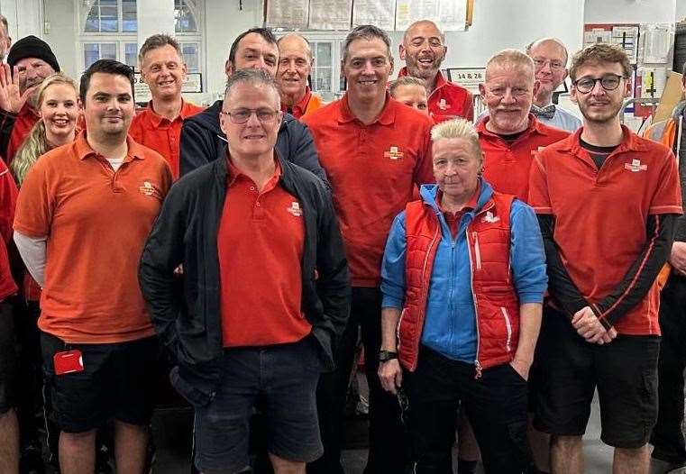 Broadstairs postman Ralph Lowdon with his colleagues at Royal Mail on his last day. Picture: Ralph Lowdon