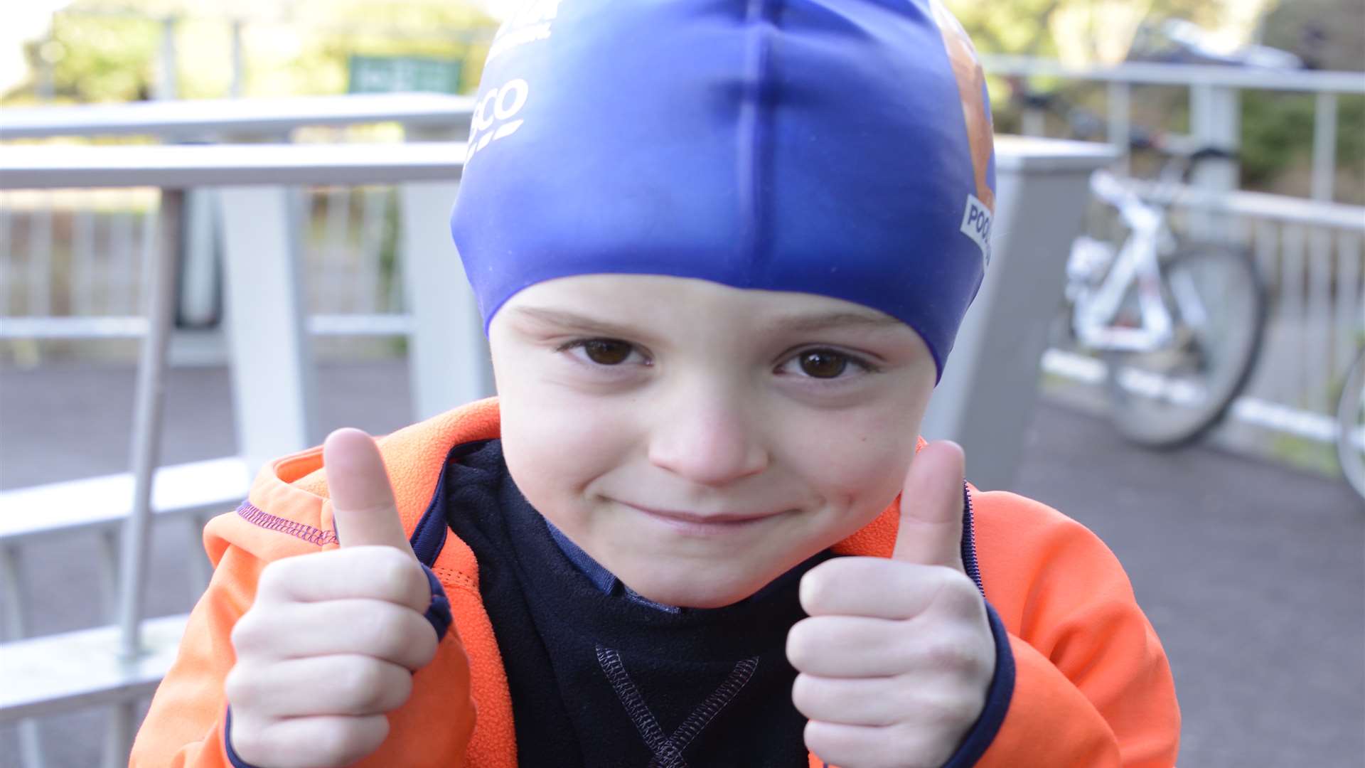 Maceo Bellwood with his special swimming cap