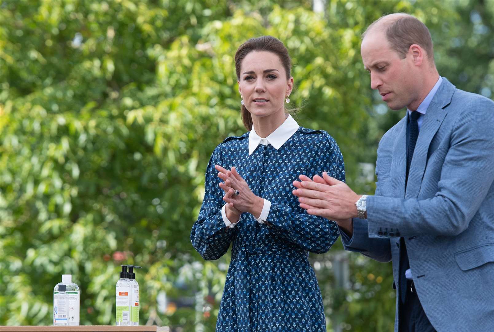 The Duke and Duchess of Cambridge apply hand sanitiser during a visit to Queen Elizabeth Hospital in King’s Lynn as part of the NHS birthday celebrations (Joe Giddens/PA)