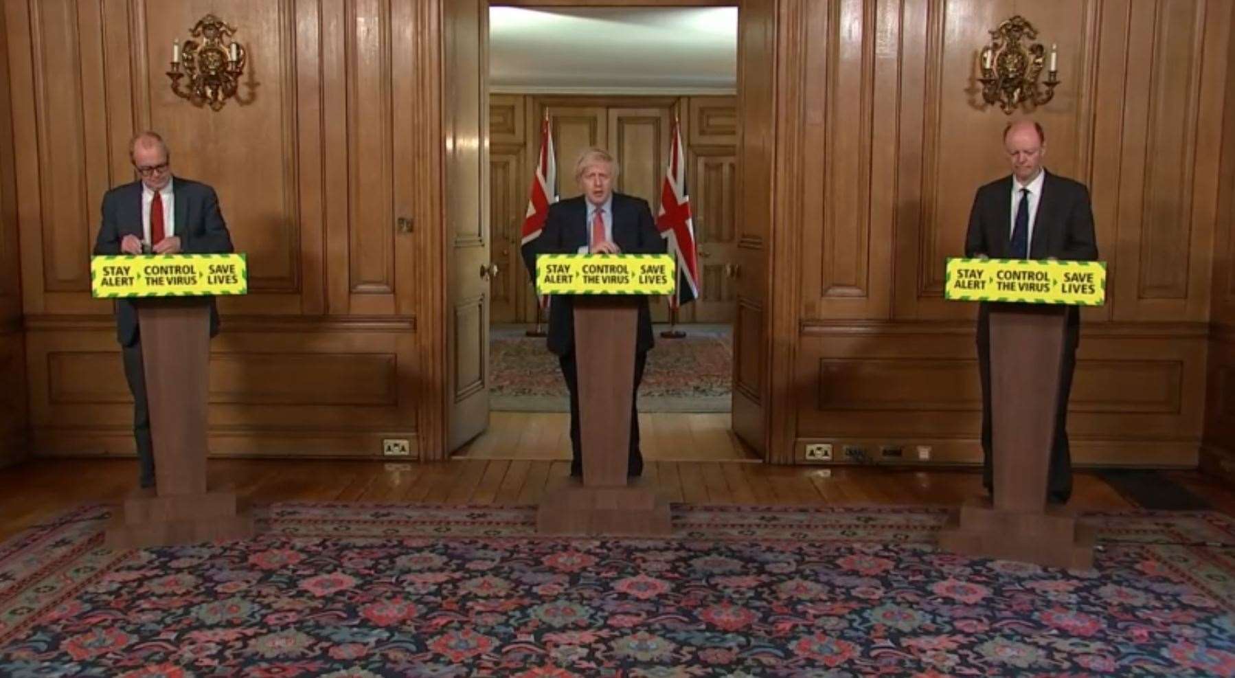 Sir Patrick Vallance, Prime Minister Boris Johnson and chief medical officer Professor Chris Whitty presented Thursday’s press conference (Pippa Fowles/10 Downing Street/PA)